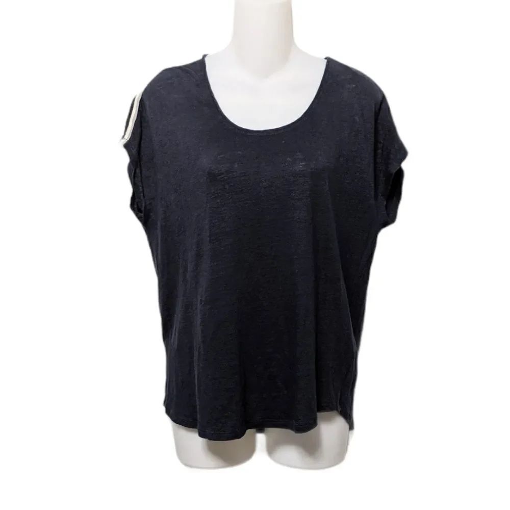 PABLO Navy Blue Linen Braided Shoulder Top L